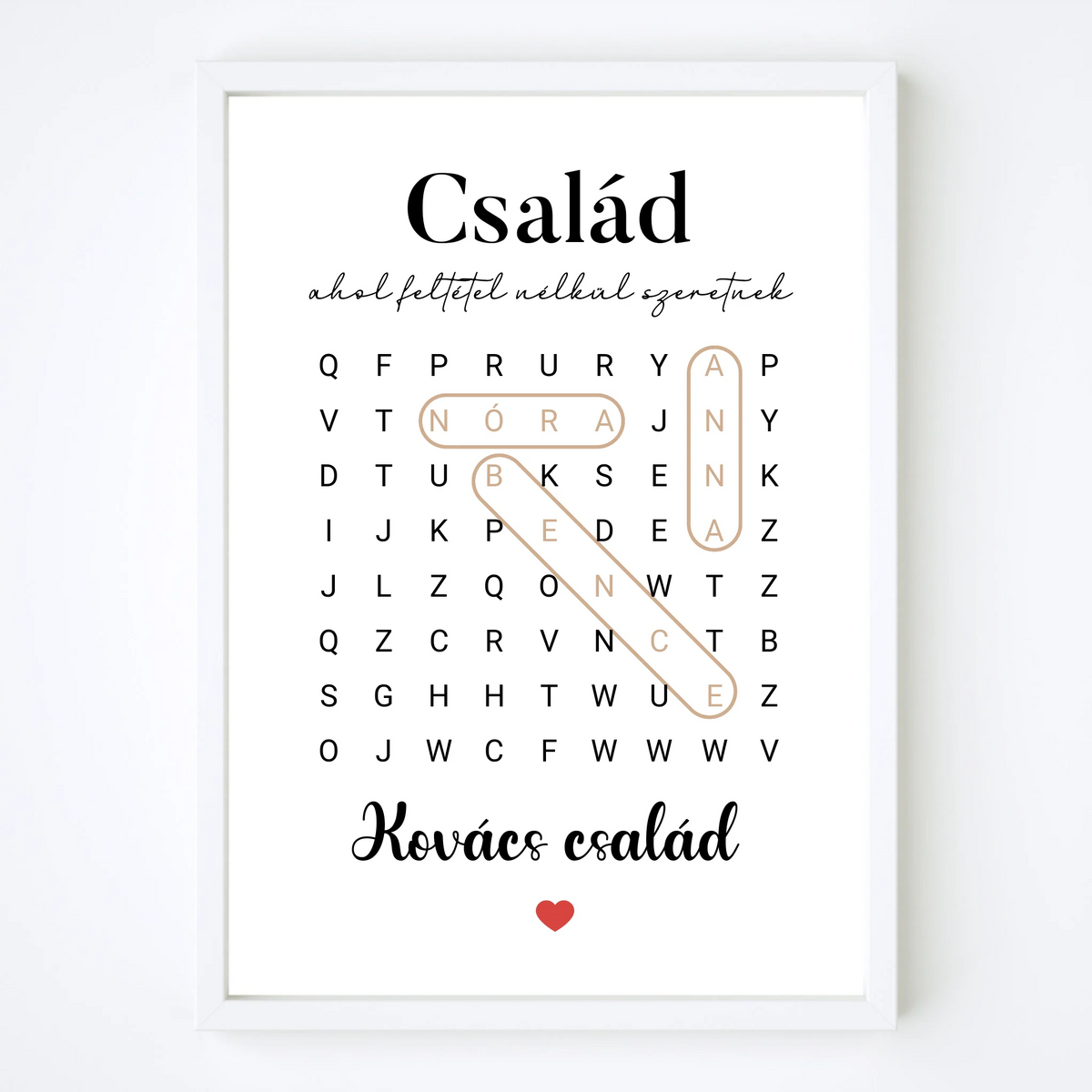 Szókereső falikép családi nevekkel – egyedi ajándék
